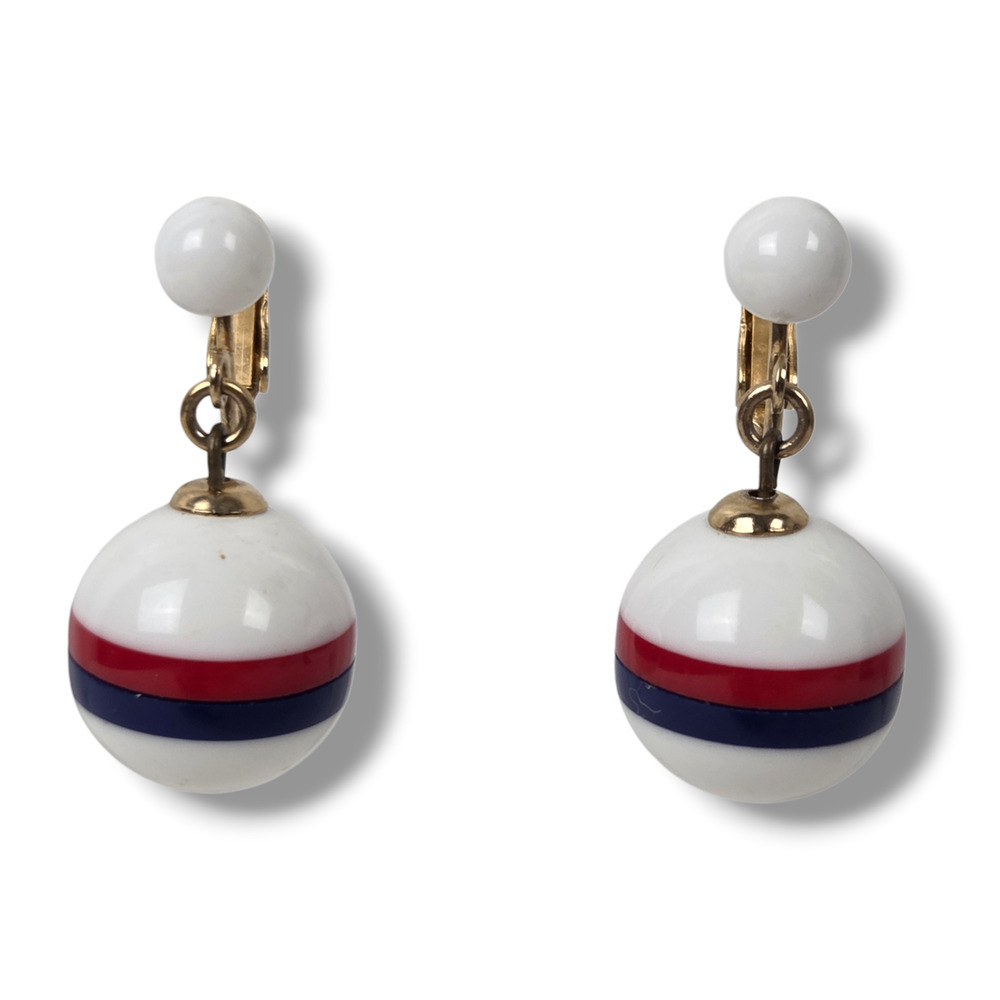 Napier Clip On Patriotic Dangle Drop Earrings Red White Blue Striped Vintage